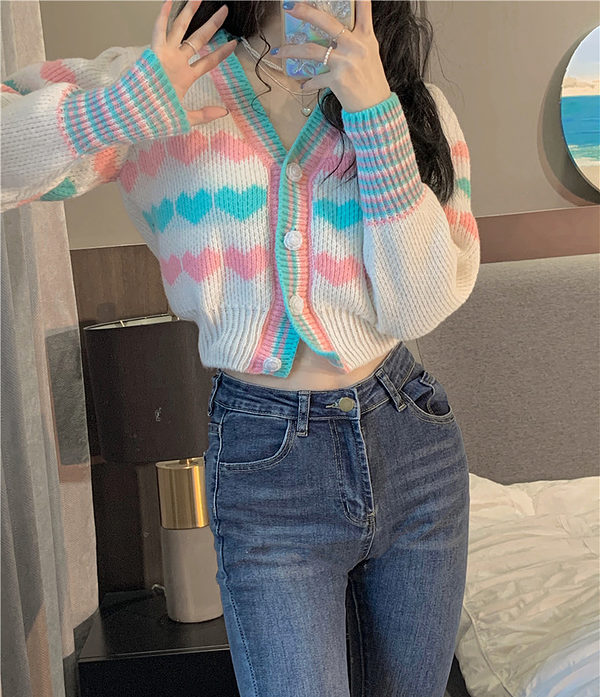 Kawaii Double Color Heart Knitted Short Cardigan Cardigans kawaii