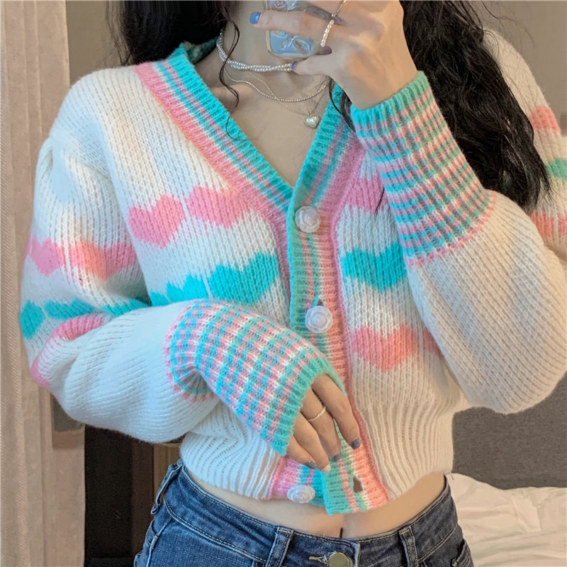 Kawaii Double Color Heart Knitted Short Cardigan