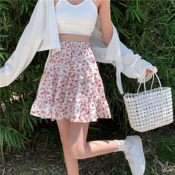 Kawaii Floral Printed Falbala Skirt A-line Skirt kawaii