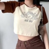 Camiseta corta con cuello redondo y estampado de ángel vintage Letra kawaii