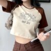 Vintage Angel Print Round Collar Short T-shirt Letter kawaii