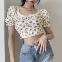빈티지 꽃무늬 프린트 탑 티셔츠 카와이