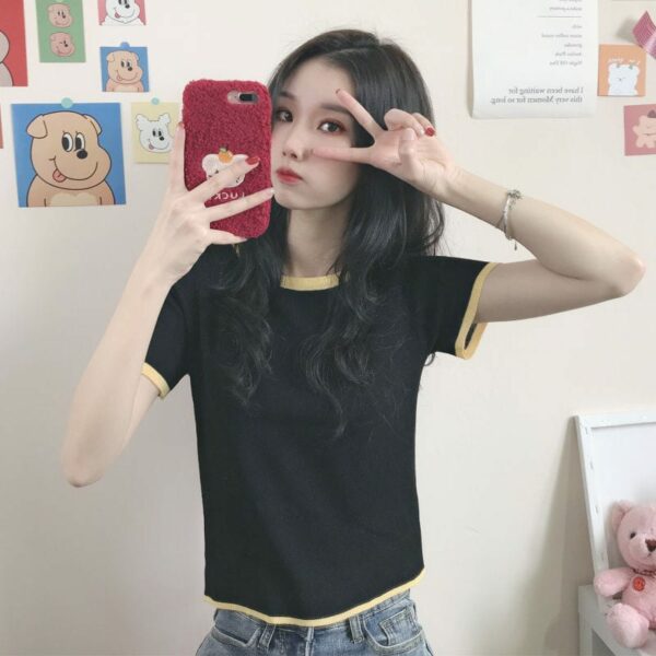 Cute Contrast Color Short T-shirt Crop Top kawaii