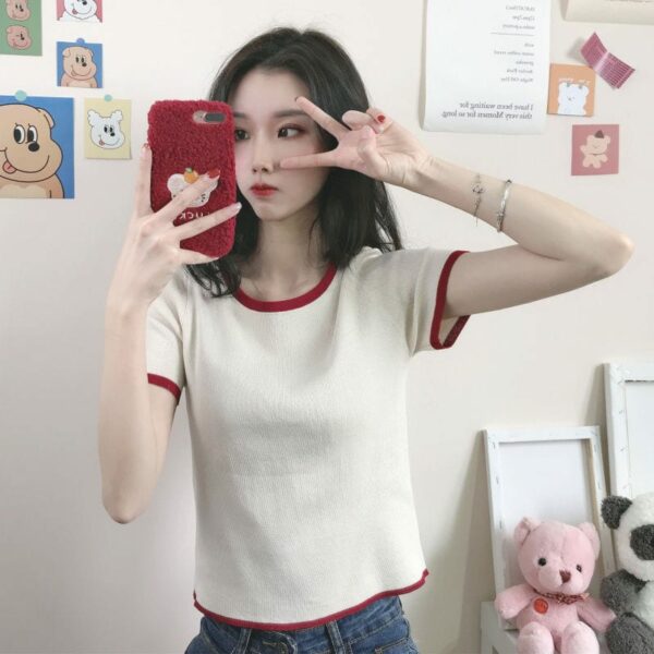 Cute Contrast Color Short T-shirt Crop Top kawaii