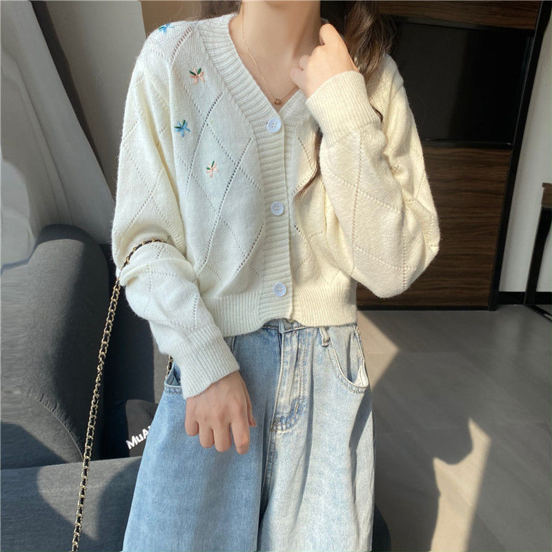 Kawaii Butterfly Embroidered Diamond Knitted Cardigan