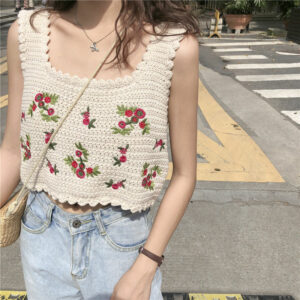 Korean Fashion Floral Crochet Vest Corset Tops kawaii
