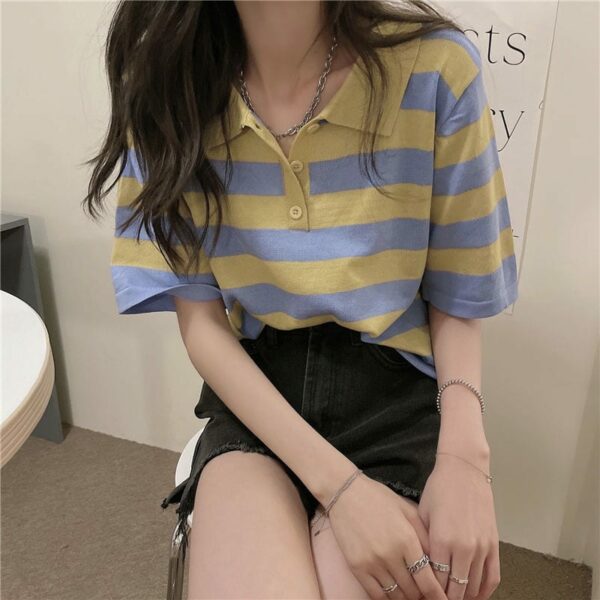 Kawaii Turn-down Collar Striped T-shirt Korean kawaii