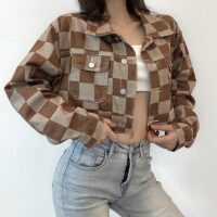 Vintage rutigt mönster kort jeanskappa Kawaii jackor