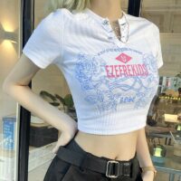 Rose Letters Print V-ringad kort T-shirt E Girl kawaii