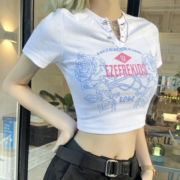 Rose Letters Print V-neck Short T-shirt E Girl kawaii