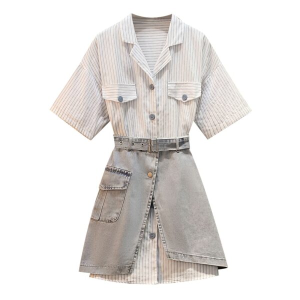 Stripe Long T-Shirt Belted Denim Skirt Set 2 Piece Suit kawaii