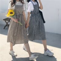 카와이 격자 무늬 패션 Pinafore 여름 드레스 로리타 카와이