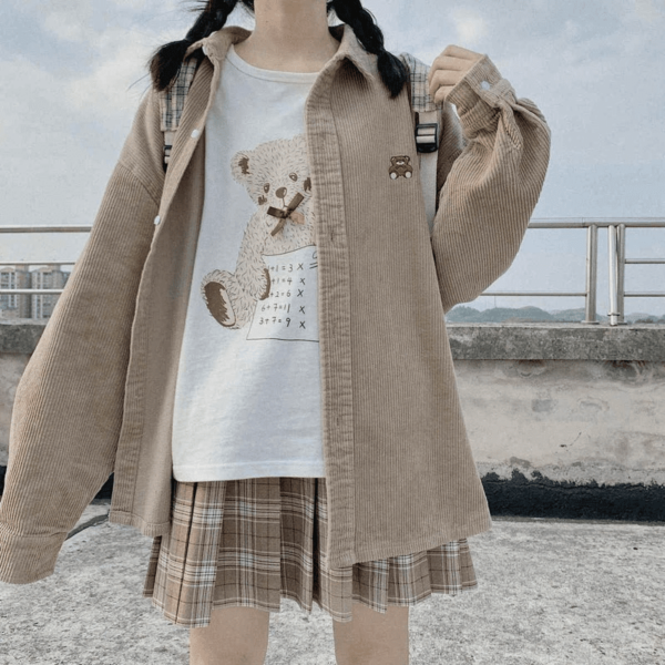 Kawaii Bear Corduroy Shirt Asian Style kawaii