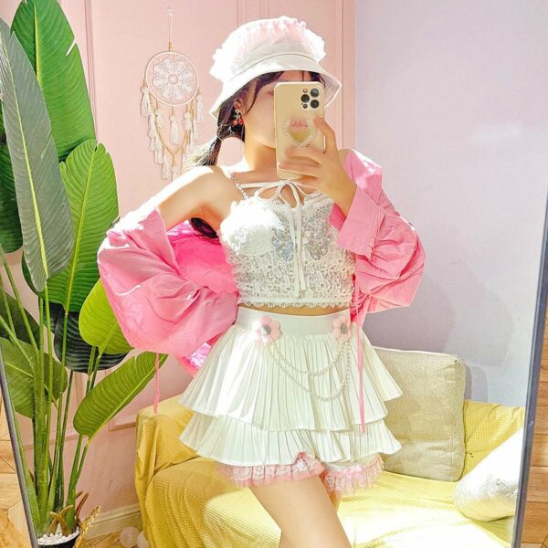 Floral Embroidery White Ruffles High Waist Skirt Harajuku kawaii
