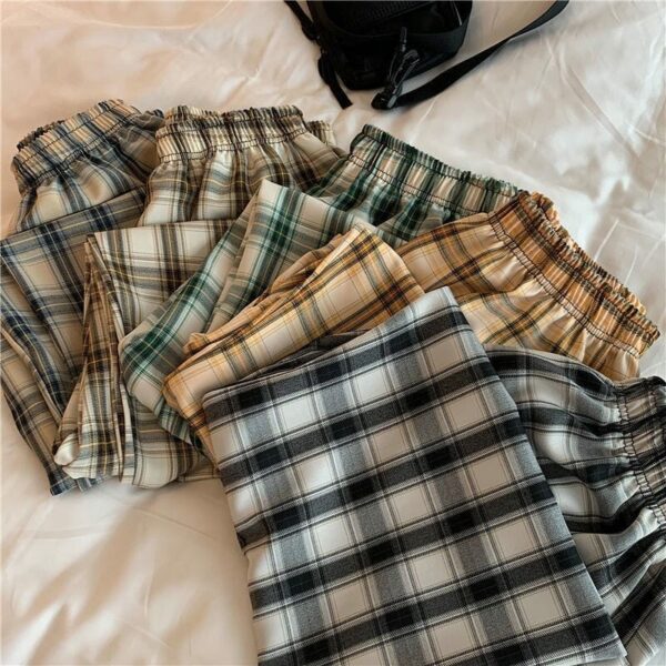 Plaid Check Elastic Waist Harem Pants A-line Skirt kawaii