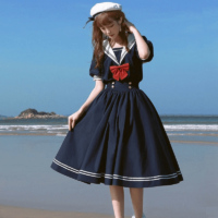 Vestido de lolita azul marino con cuello Harajuku MKilor Estilo universitario kawaii