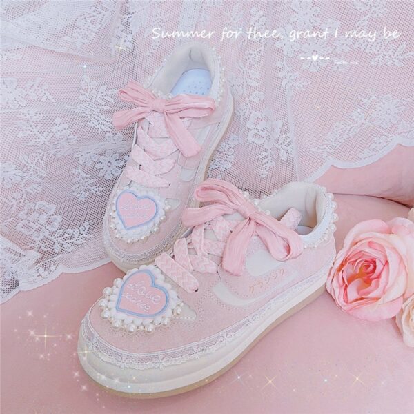 Love Heart Embroidery Round Toe Sneaker Bow kawaii