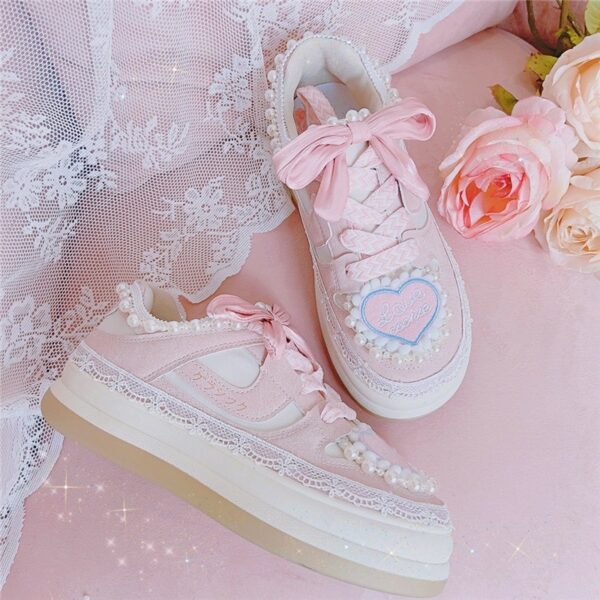 Love Heart Embroidery Round Toe Sneaker Bow kawaii