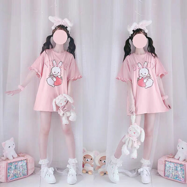 Pink Strawberry Rabbit Wave Sleeve T-shirt bunny kawaii