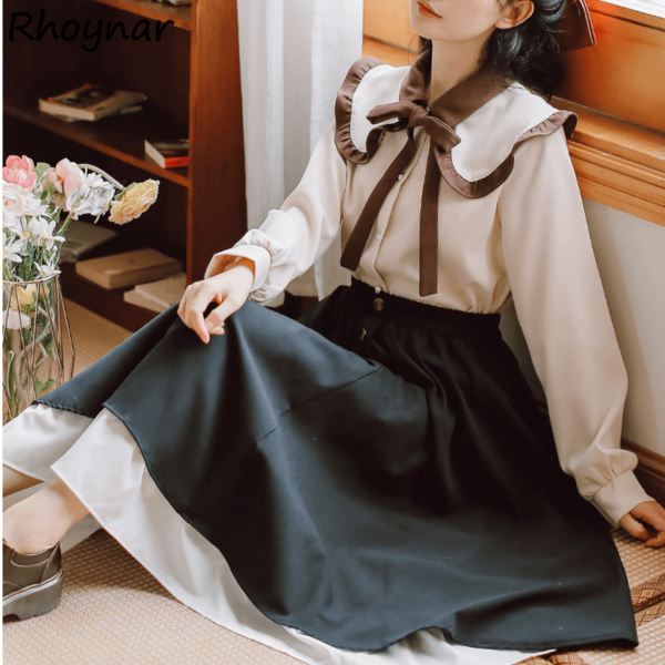 Vintage Shirt Long Skirt Two Piece Set Bow kawaii