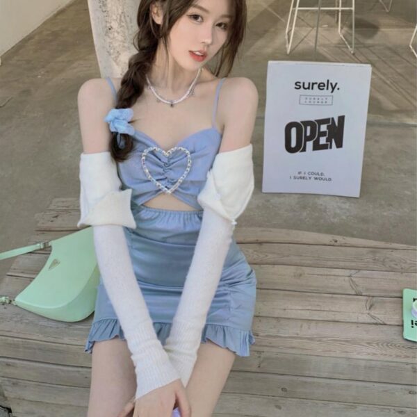 Hollow love hot girl suspender dress Korean kawaii