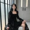 Black Flower Long Puff Sleeve Chiffon Dress Korea Stylish kawaii