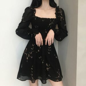 Black Flower Long Puff Sleeve Chiffon Dress Korea Stylish kawaii