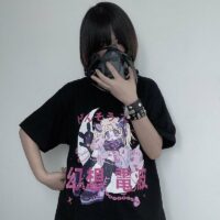 카와이 블랙 펑크 애니메이션 티셔츠 애니메이션 카와이