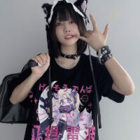 Czarna koszulka z motywem anime Kawaii Punk Kawaii anime
