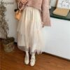 Korean Style Midi Mesh Skirt High Waist kawaii