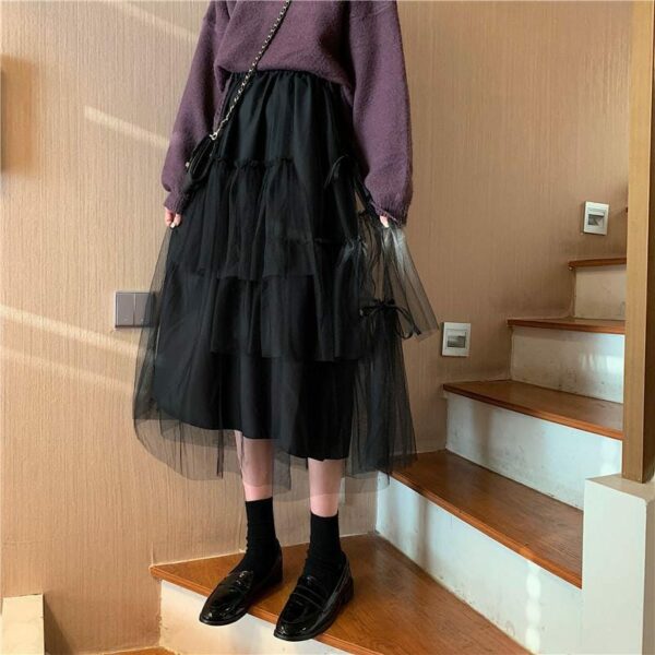 Korean Style Midi Mesh Skirt High Waist kawaii