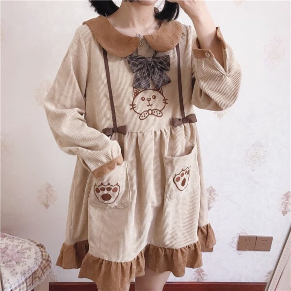 Mori Girl Kawaii Cat Corduroy Dress Gothic kawaii