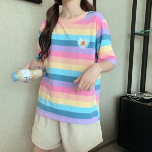Kawaii Pastel Rainbow Stripe T-Shirt Harajuku kawaii