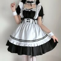 귀여운 로리타 메이드 애니메이션 의상 드레스 세트 블랙 카와이