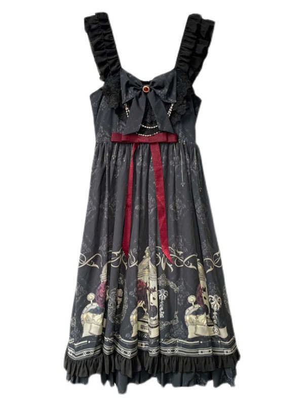 Gothic Ruffles Bows Floral Print Black Lolita Dresses Gothic kawaii
