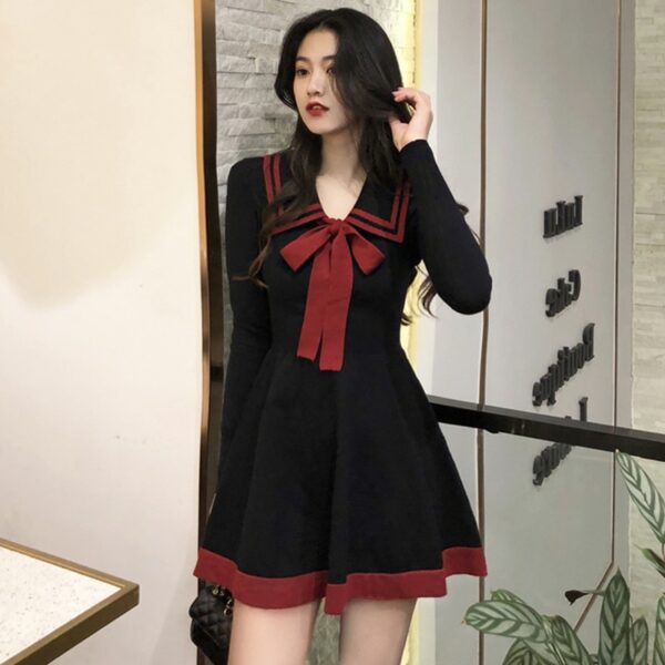 Bow Tie Lapel High Waist Knitted Dress Black Dress kawaii