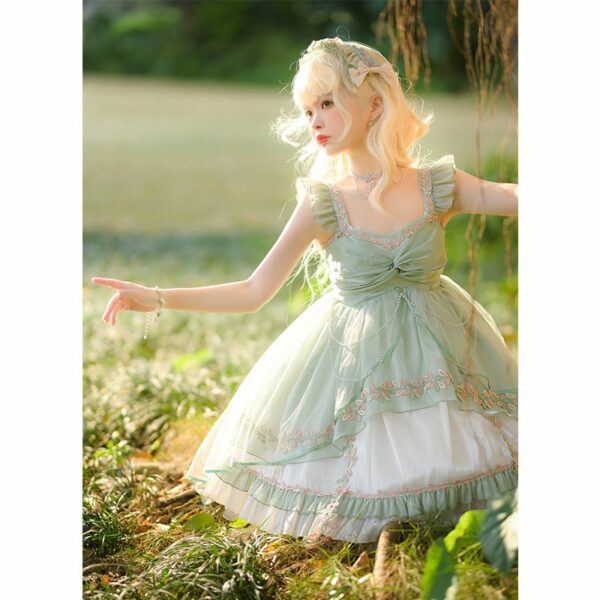 Sweet Lolita Lace Polyester Sleeveless Green Lolita Jumper Skirts Forest Fairy kawaii