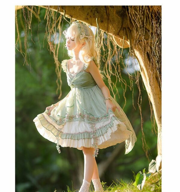 Sweet Lolita Lace Polyester Ärmlös grön Lolita jumperkjolar Forest Fairy kawaii