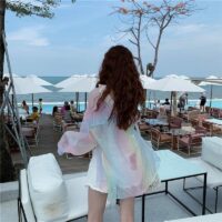 Morbida camicetta a maniche lunghe trasparente arcobaleno da ragazza Kawaii coreano