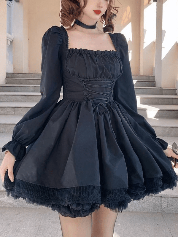Kawaii Lace Up Gothic Puff Sweet Dress Korea Stylish kawaii