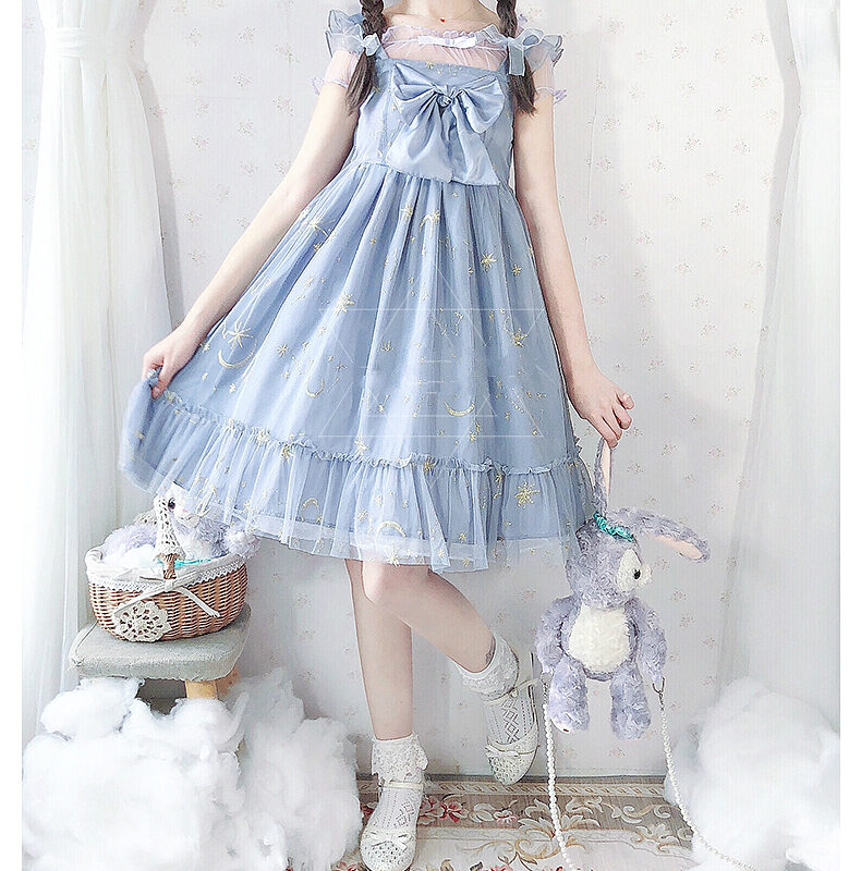 Sweet Blue Polyester Sleeveless Lolita Dress Cosplay kawaii