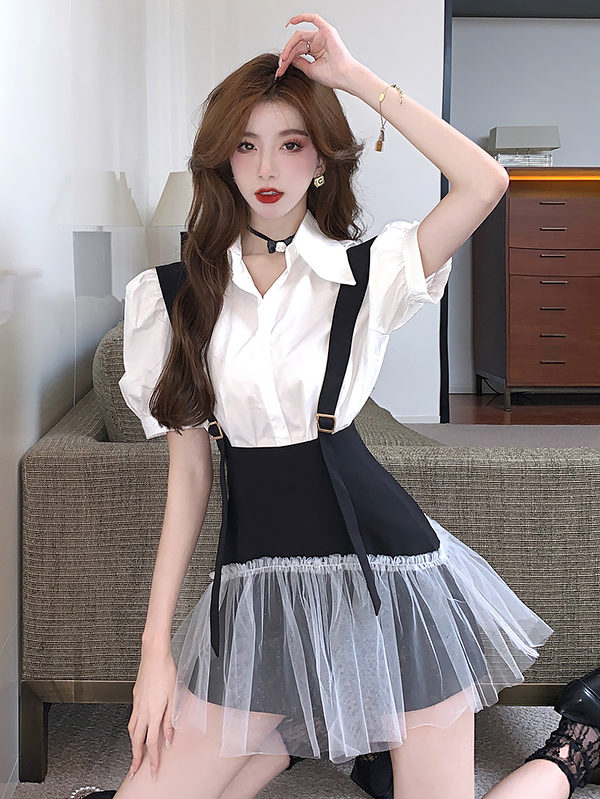 Puff Sleeve T-Shirt Tulle Overalls Skirt Two Pieces Set bubble sleeve kawaii