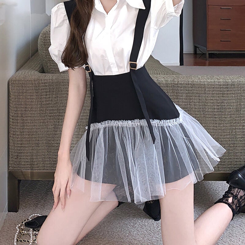Puff Sleeve T-Shirt Tulle Overalls Skirt Two Pieces Set bubble sleeve kawaii