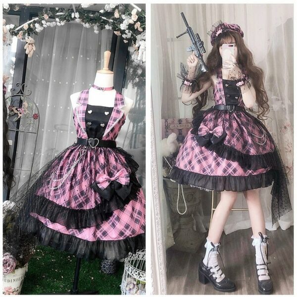 Kawaii Pink Plaid Lolita JSK Dress Bow kawaii