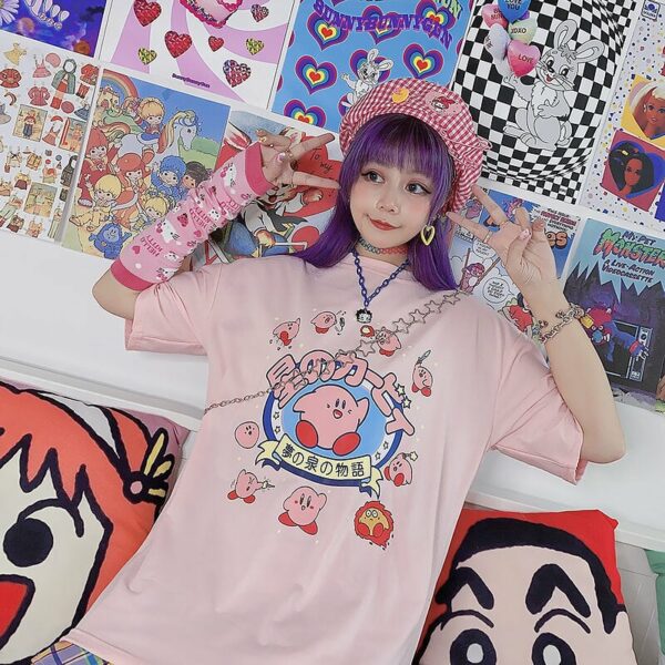 Japanese Sweet Cartoon Print Pink Loose T-shirts Cartoon kawaii
