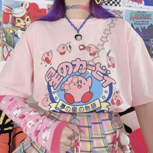 Japanese Sweet Cartoon Print Pink Loose T-shirts Cartoon kawaii