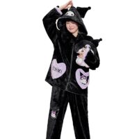 Kuromi geïnspireerde zwarte pluche pyjamaset met capuchon Animatie kawaii