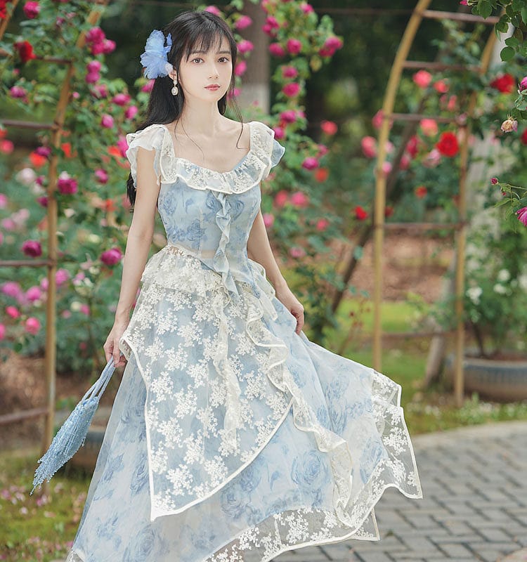 Light Sky Blue Lolita Outfits Lace Floral Print Sleeveless Top Skirt Fairy Dress kawaii