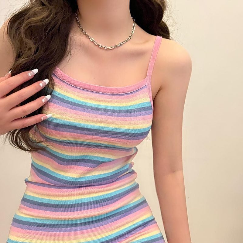 Sweet Rainbow Stripe Slip Dress Korean kawaii