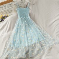 فستان ديزي بدون أكمام مع طبقة شبكية كاواي الأزهار